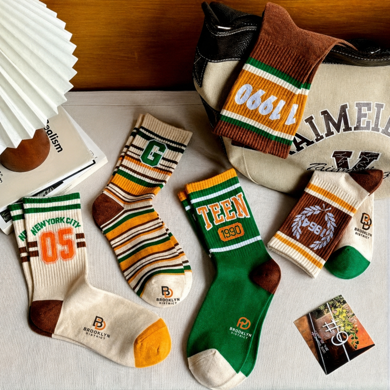 5 Pairs of Brooklyn district Men's Retro Vintage Striped Mid-Calf Socks - Image 2